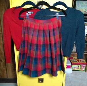 Vintage 1950s Plaid Wool Pleated Skirt Set